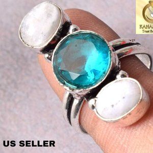 NEW Deep Aqua Blue & Rainbow Moonstone 925 Sterling Silver Plated Ring-Size 6.5